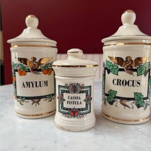 Vintage Apothecary Ceramic Jars - Floral Gold Trim